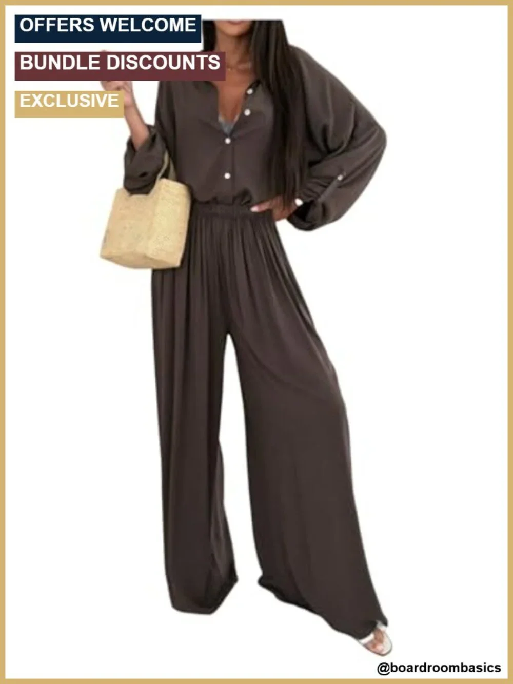 Verdusa Women's 2 Piece Set Collared Button Up Shirt & Wide Leg Pants